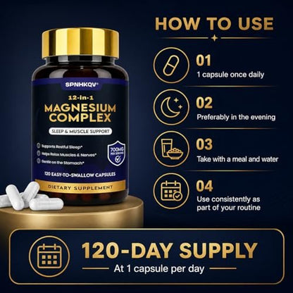 SPNHKQV Magnesium 12-in-1 Komplex – Hochdosiertes Magnesiumglycinat mit 700 mg – Für Muskeln, Nerven & Schlaf – 120 vegane Kapseln für Frauen & Männer