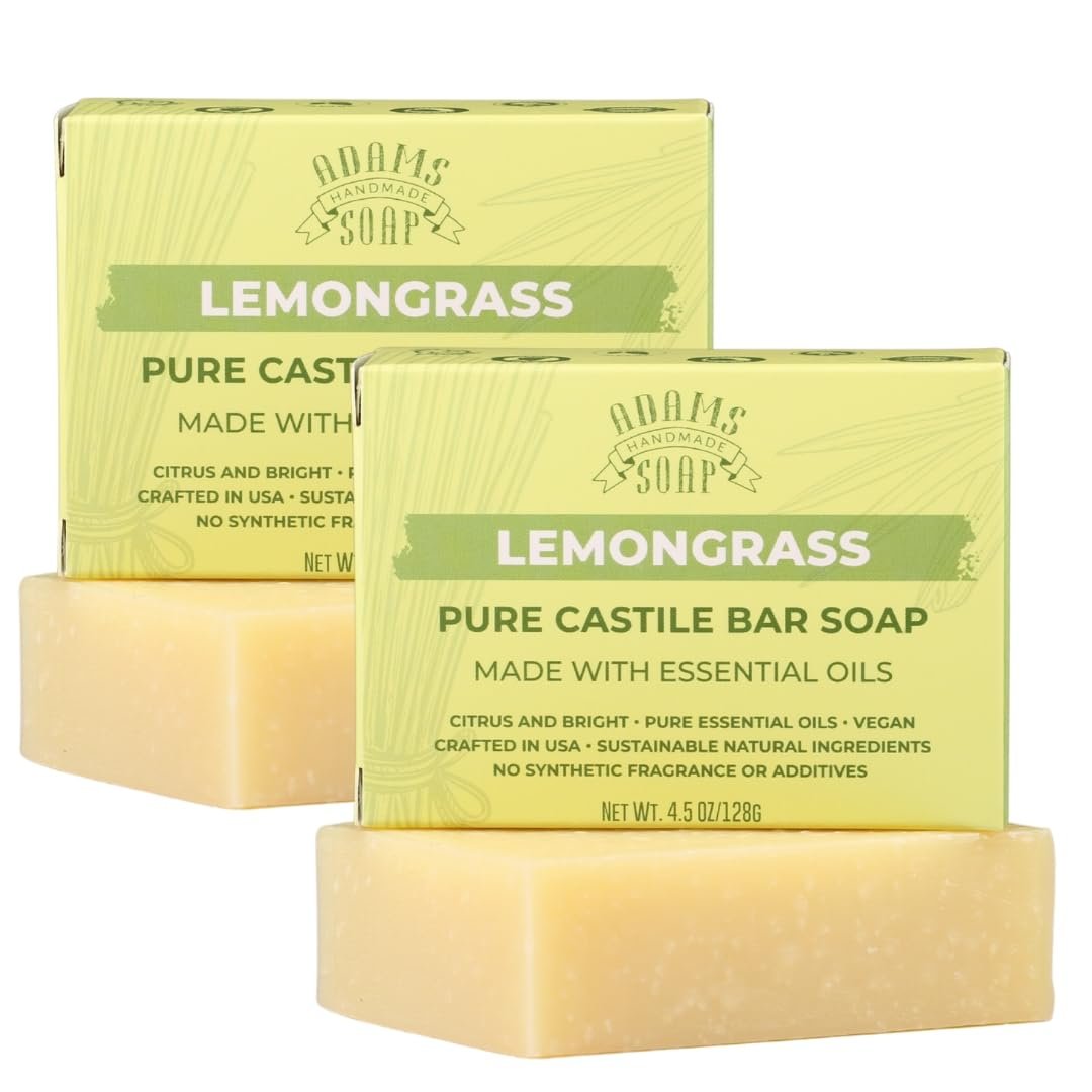Adams Handmade Soap Lemongrass Reine Seifenbarren aus Kastilien – 4,5 oz | Vegan, Kaltverfahren, Ätherische Öle, 84% Bio, Fair Trade, Keine Zusätze, Hergestellt in den USA