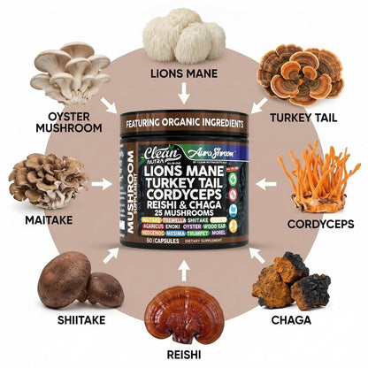 AuraShroom Pilz-Ergänzung: Löwenmähne, Turkey Tail, Cordyceps, Reishi, Shiitake, Chaga, Austernpilze – Stressabbau, Immununterstützung, Nootropikum, Energie – 60 Kapseln von Clean Nutra