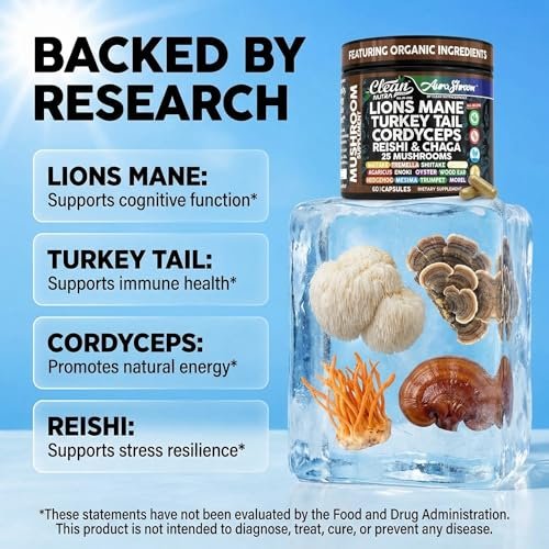 AuraShroom Pilz-Ergänzung: Löwenmähne, Turkey Tail, Cordyceps, Reishi, Shiitake, Chaga, Austernpilze – Stressabbau, Immununterstützung, Nootropikum, Energie – 60 Kapseln von Clean Nutra