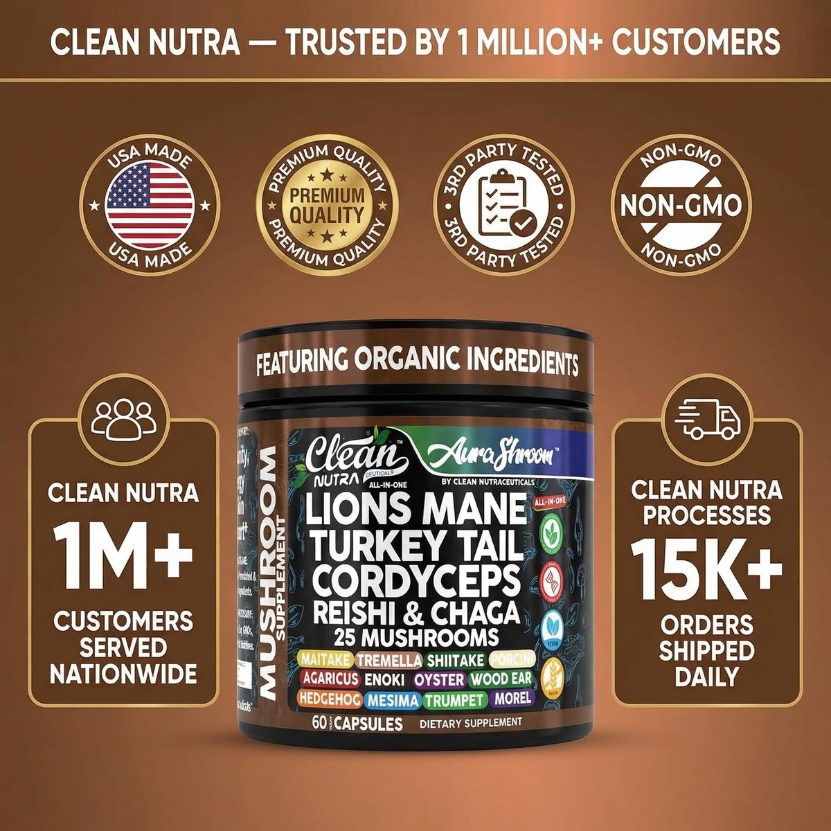 AuraShroom Pilz-Ergänzung: Löwenmähne, Turkey Tail, Cordyceps, Reishi, Shiitake, Chaga, Austernpilze – Stressabbau, Immununterstützung, Nootropikum, Energie – 60 Kapseln von Clean Nutra