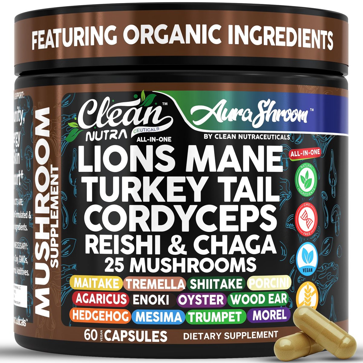 AuraShroom Pilz-Ergänzung: Löwenmähne, Turkey Tail, Cordyceps, Reishi, Shiitake, Chaga, Austernpilze – Stressabbau, Immununterstützung, Nootropikum, Energie – 60 Kapseln von Clean Nutra