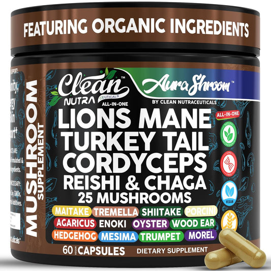 AuraShroom Pilz-Ergänzung: Löwenmähne, Turkey Tail, Cordyceps, Reishi, Shiitake, Chaga, Austernpilze – Stressabbau, Immununterstützung, Nootropikum, Energie – 60 Kapseln von Clean Nutra
