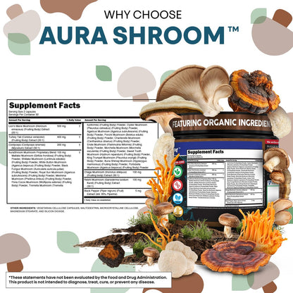 AuraShroom Pilz-Ergänzung: Löwenmähne, Turkey Tail, Cordyceps, Reishi, Shiitake, Chaga, Austernpilze – Stressabbau, Immununterstützung, Nootropikum, Energie – 60 Kapseln von Clean Nutra