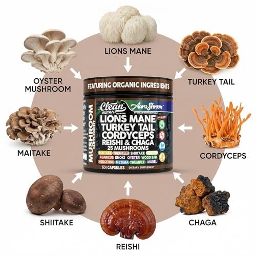 AuraShroom Pilz-Ergänzung: Löwenmähne, Turkey Tail, Cordyceps, Reishi, Shiitake, Chaga, Austernpilze – Stressabbau, Immununterstützung, Nootropikum, Energie – 60 Kapseln von Clean Nutra