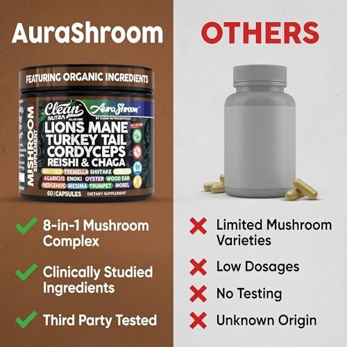 AuraShroom Pilz-Ergänzung: Löwenmähne, Turkey Tail, Cordyceps, Reishi, Shiitake, Chaga, Austernpilze – Stressabbau, Immununterstützung, Nootropikum, Energie – 60 Kapseln von Clean Nutra