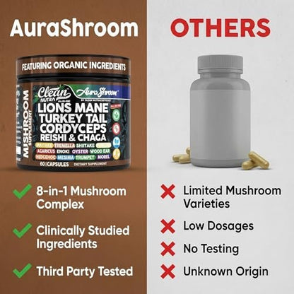 AuraShroom Pilz-Ergänzung: Löwenmähne, Turkey Tail, Cordyceps, Reishi, Shiitake, Chaga, Austernpilze – Stressabbau, Immununterstützung, Nootropikum, Energie – 60 Kapseln von Clean Nutra