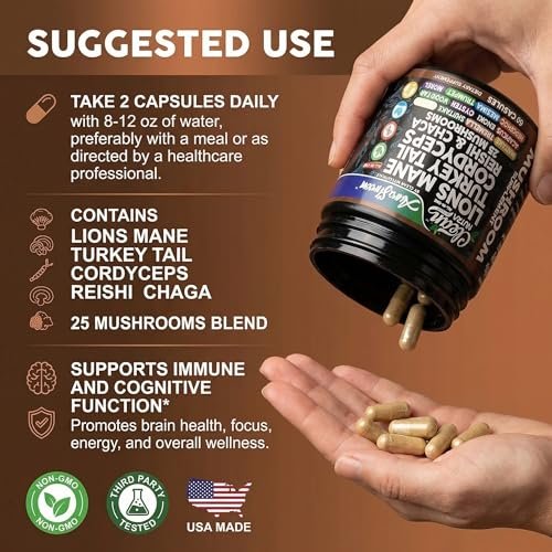 AuraShroom Pilz-Ergänzung: Löwenmähne, Turkey Tail, Cordyceps, Reishi, Shiitake, Chaga, Austernpilze – Stressabbau, Immununterstützung, Nootropikum, Energie – 60 Kapseln von Clean Nutra