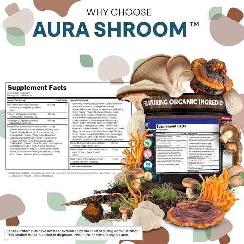 AuraShroom Pilz-Ergänzung: Löwenmähne, Turkey Tail, Cordyceps, Reishi, Shiitake, Chaga, Austernpilze – Stressabbau, Immununterstützung, Nootropikum, Energie – 60 Kapseln von Clean Nutra