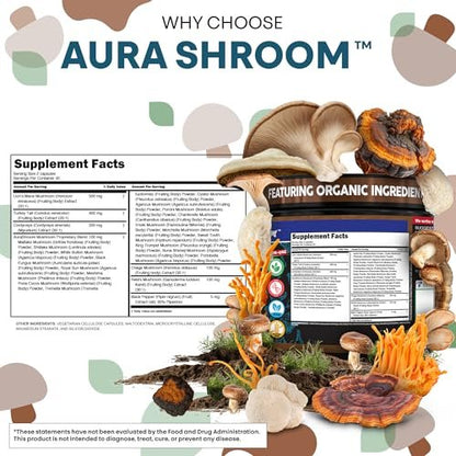 AuraShroom Pilz-Ergänzung: Löwenmähne, Turkey Tail, Cordyceps, Reishi, Shiitake, Chaga, Austernpilze – Stressabbau, Immununterstützung, Nootropikum, Energie – 60 Kapseln von Clean Nutra