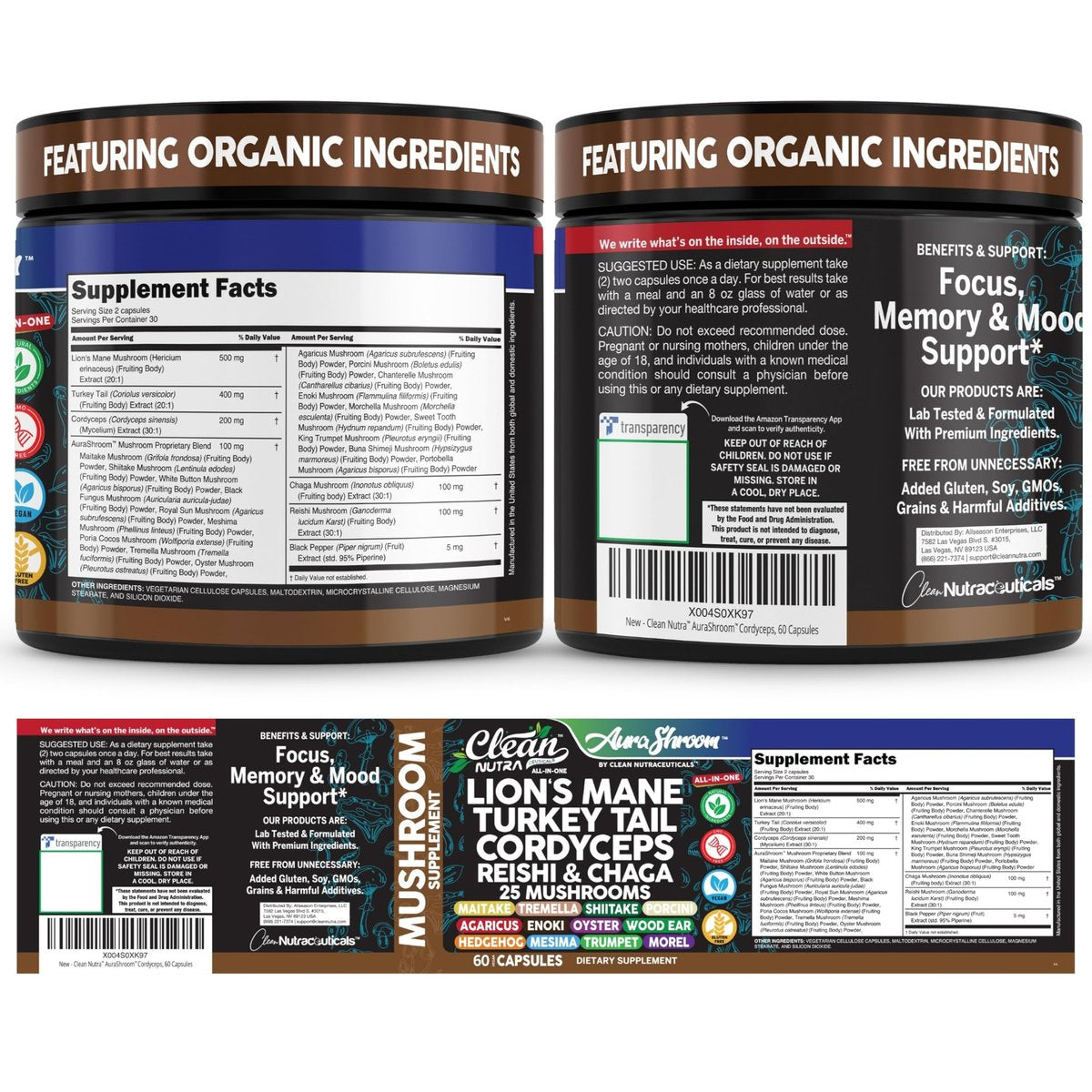 AuraShroom Pilz-Ergänzung: Löwenmähne, Turkey Tail, Cordyceps, Reishi, Shiitake, Chaga, Austernpilze – Stressabbau, Immununterstützung, Nootropikum, Energie – 60 Kapseln von Clean Nutra