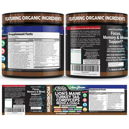 AuraShroom Pilz-Ergänzung: Löwenmähne, Turkey Tail, Cordyceps, Reishi, Shiitake, Chaga, Austernpilze – Stressabbau, Immununterstützung, Nootropikum, Energie – 60 Kapseln von Clean Nutra