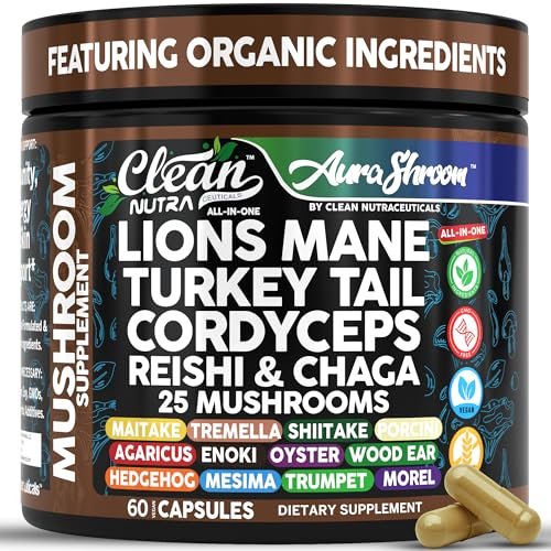 AuraShroom Pilz-Ergänzung: Löwenmähne, Turkey Tail, Cordyceps, Reishi, Shiitake, Chaga, Austernpilze – Stressabbau, Immununterstützung, Nootropikum, Energie – 60 Kapseln von Clean Nutra