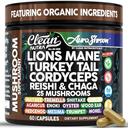AuraShroom Pilz-Ergänzung: Löwenmähne, Turkey Tail, Cordyceps, Reishi, Shiitake, Chaga, Austernpilze – Stressabbau, Immununterstützung, Nootropikum, Energie – 60 Kapseln von Clean Nutra