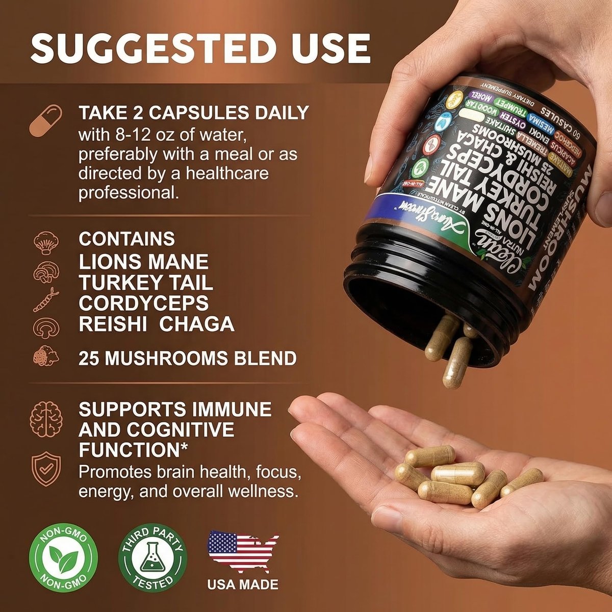 AuraShroom Pilz-Ergänzung: Löwenmähne, Turkey Tail, Cordyceps, Reishi, Shiitake, Chaga, Austernpilze – Stressabbau, Immununterstützung, Nootropikum, Energie – 60 Kapseln von Clean Nutra