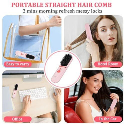 DENTAISyn Kabelloser Haarglätterbürste - Tragbare Haarbürste für Reisen - 30s Schnellaufheizung - Mini Heißglättungskamm für Frauen, Pink