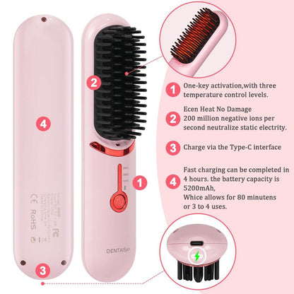DENTAISyn Kabelloser Haarglätterbürste - Tragbare Haarbürste für Reisen - 30s Schnellaufheizung - Mini Heißglättungskamm für Frauen, Pink