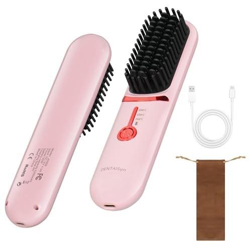 DENTAISyn Kabelloser Haarglätterbürste - Tragbare Haarbürste für Reisen - 30s Schnellaufheizung - Mini Heißglättungskamm für Frauen, Pink