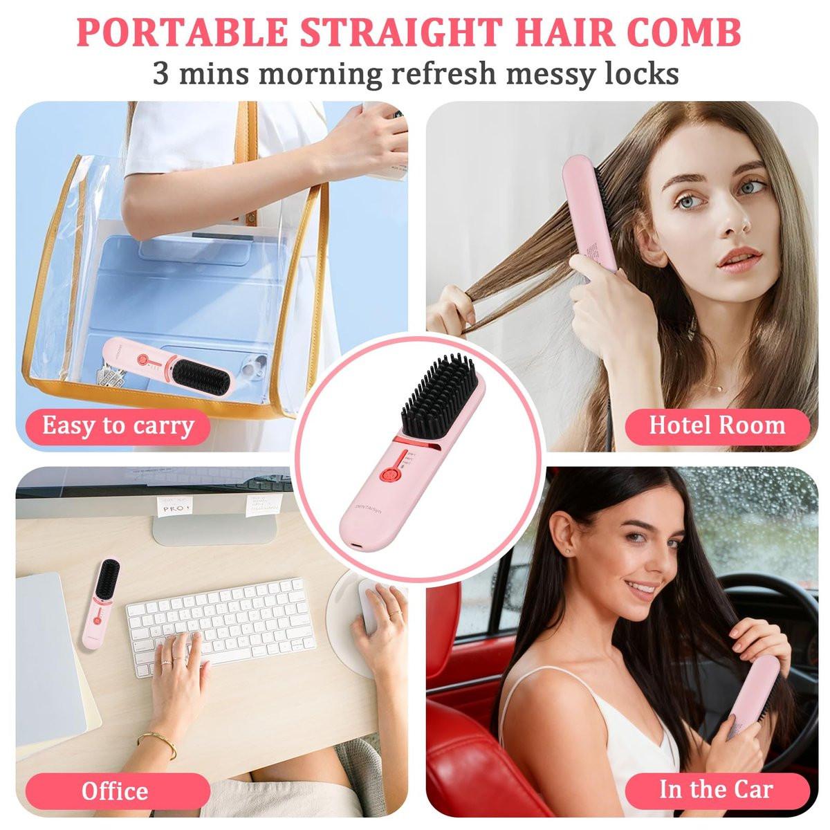 DENTAISyn Kabelloser Haarglätterbürste - Tragbare Haarbürste für Reisen - 30s Schnellaufheizung - Mini Heißglättungskamm für Frauen, Pink
