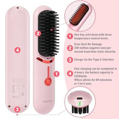 DENTAISyn Kabelloser Haarglätterbürste - Tragbare Haarbürste für Reisen - 30s Schnellaufheizung - Mini Heißglättungskamm für Frauen, Pink