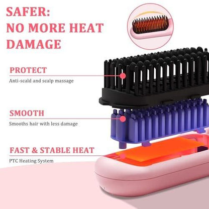 DENTAISyn Kabelloser Haarglätterbürste - Tragbare Haarbürste für Reisen - 30s Schnellaufheizung - Mini Heißglättungskamm für Frauen, Pink
