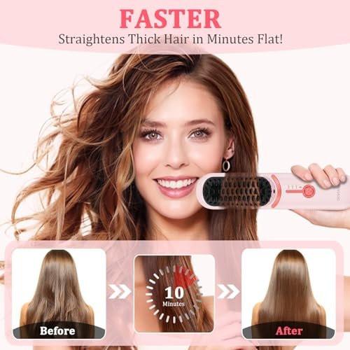 DENTAISyn Kabelloser Haarglätterbürste - Tragbare Haarbürste für Reisen - 30s Schnellaufheizung - Mini Heißglättungskamm für Frauen, Pink