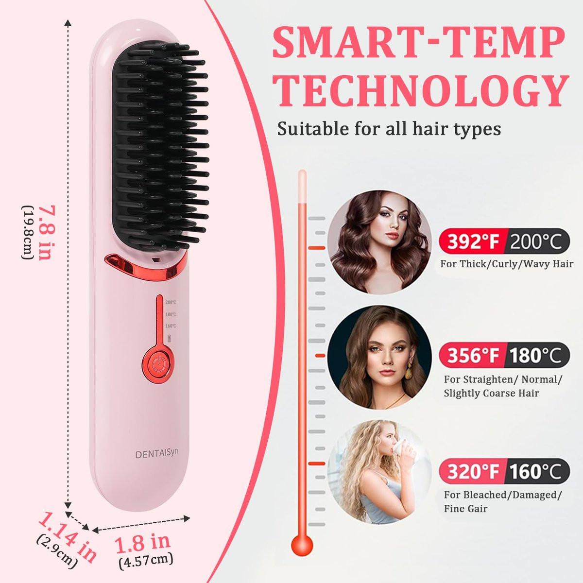 DENTAISyn Kabelloser Haarglätterbürste - Tragbare Haarbürste für Reisen - 30s Schnellaufheizung - Mini Heißglättungskamm für Frauen, Pink