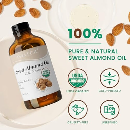 PHATOIL Bio Mandelöl Haut 118 ml (4 fl.oz) – USDA Bio, kaltgepresstes Mandelöl in Glasflasche für Haare, Gesicht, Körper, Massageöl, Trägeröl