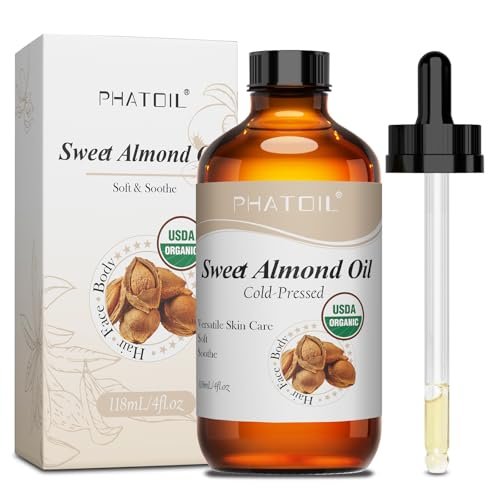 PHATOIL Bio Mandelöl Haut 118 ml (4 fl.oz) – USDA Bio, kaltgepresstes Mandelöl in Glasflasche für Haare, Gesicht, Körper, Massageöl, Trägeröl