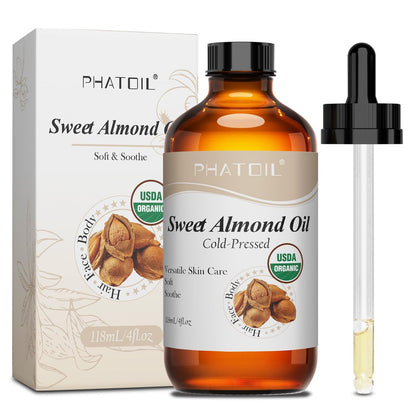 PHATOIL Bio Mandelöl Haut 118 ml (4 fl.oz) – USDA Bio, kaltgepresstes Mandelöl in Glasflasche für Haare, Gesicht, Körper, Massageöl, Trägeröl