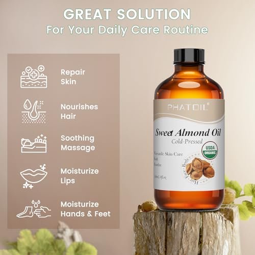 PHATOIL Bio Mandelöl Haut 118 ml (4 fl.oz) – USDA Bio, kaltgepresstes Mandelöl in Glasflasche für Haare, Gesicht, Körper, Massageöl, Trägeröl