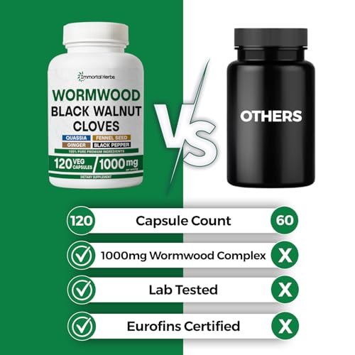Immortal Herbs Wermut Schwarznuss Nelken Reinigung Extrakt, 7-in-1 Komplex, 120 Kapseln, Pflanzliches Nahrungsergänzungsmittel für Erwachsene, Vegan, Nicht-GVO & Glutenfrei Süßer Wermut Kapseln
