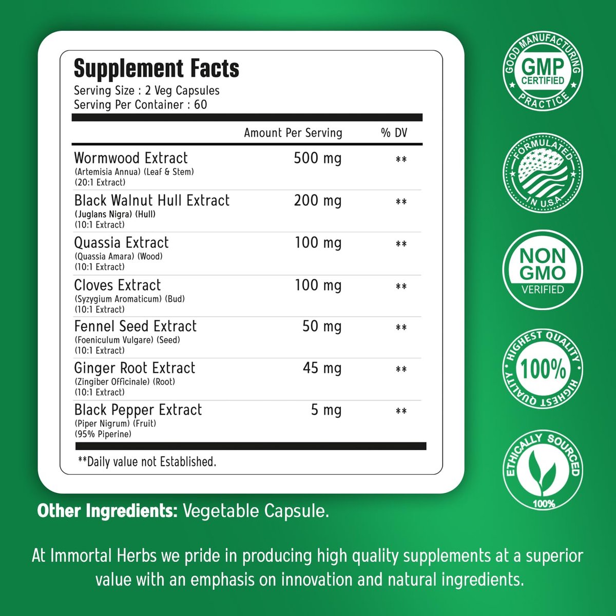 Immortal Herbs Wermut Schwarznuss Nelken Reinigung Extrakt, 7-in-1 Komplex, 120 Kapseln, Pflanzliches Nahrungsergänzungsmittel für Erwachsene, Vegan, Nicht-GVO & Glutenfrei Süßer Wermut Kapseln