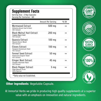 Immortal Herbs Wermut Schwarznuss Nelken Reinigung Extrakt, 7-in-1 Komplex, 120 Kapseln, Pflanzliches Nahrungsergänzungsmittel für Erwachsene, Vegan, Nicht-GVO & Glutenfrei Süßer Wermut Kapseln