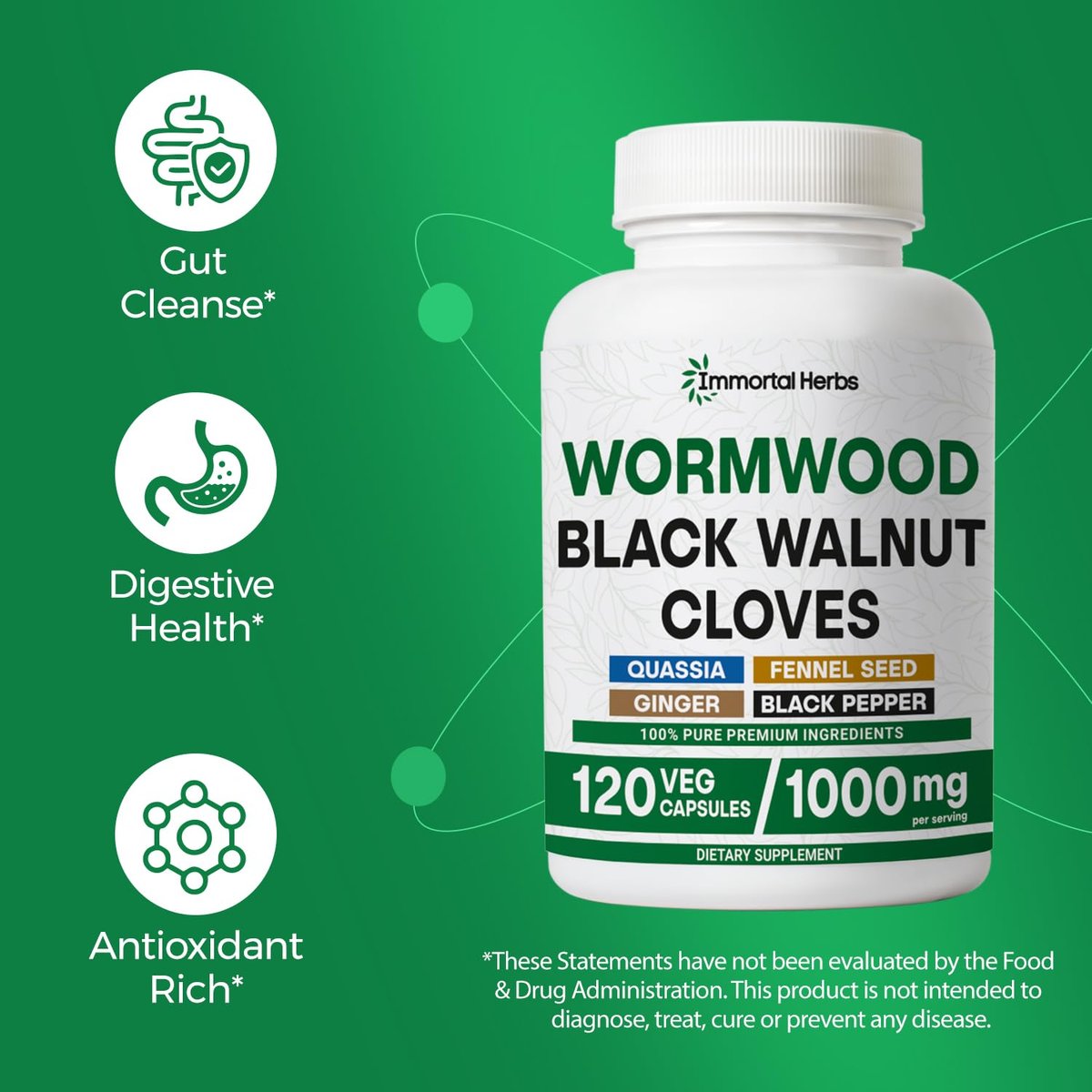Immortal Herbs Wermut Schwarznuss Nelken Reinigung Extrakt, 7-in-1 Komplex, 120 Kapseln, Pflanzliches Nahrungsergänzungsmittel für Erwachsene, Vegan, Nicht-GVO & Glutenfrei Süßer Wermut Kapseln