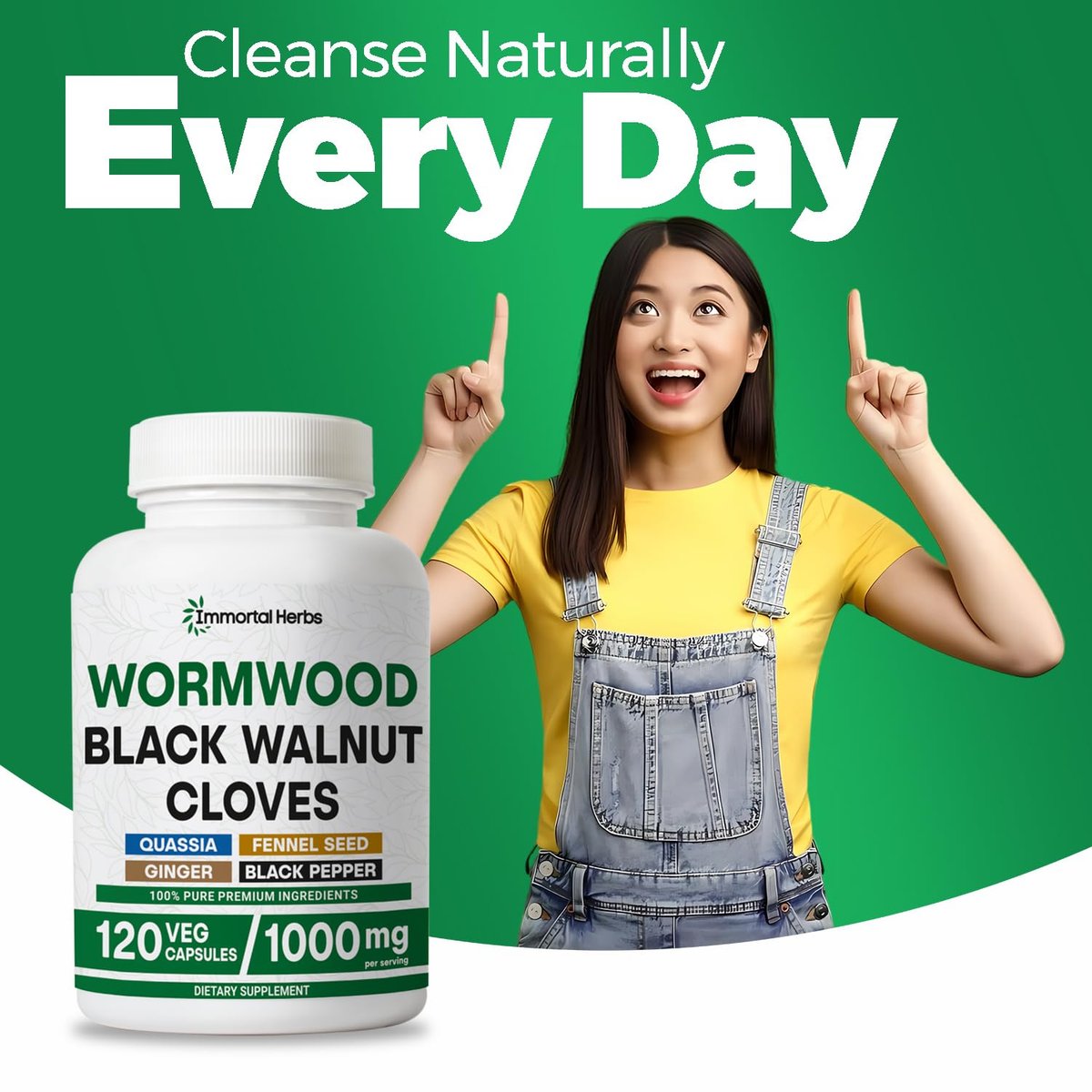 Immortal Herbs Wermut Schwarznuss Nelken Reinigung Extrakt, 7-in-1 Komplex, 120 Kapseln, Pflanzliches Nahrungsergänzungsmittel für Erwachsene, Vegan, Nicht-GVO & Glutenfrei Süßer Wermut Kapseln