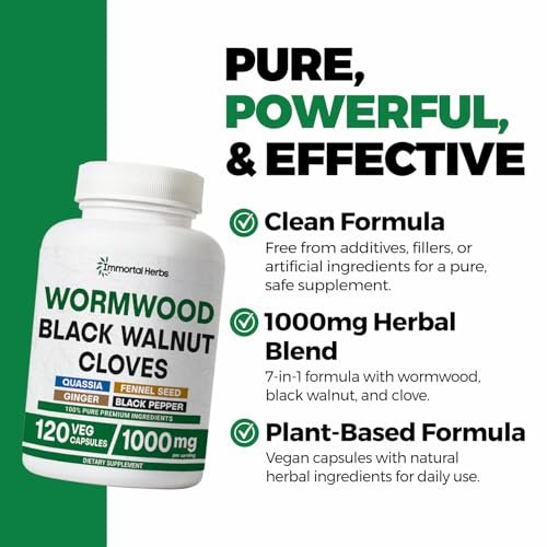 Immortal Herbs Wermut Schwarznuss Nelken Reinigung Extrakt, 7-in-1 Komplex, 120 Kapseln, Pflanzliches Nahrungsergänzungsmittel für Erwachsene, Vegan, Nicht-GVO & Glutenfrei Süßer Wermut Kapseln