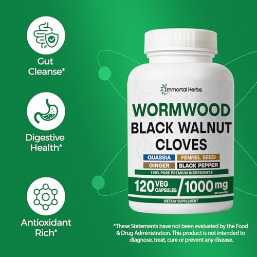 Immortal Herbs Wermut Schwarznuss Nelken Reinigung Extrakt, 7-in-1 Komplex, 120 Kapseln, Pflanzliches Nahrungsergänzungsmittel für Erwachsene, Vegan, Nicht-GVO & Glutenfrei Süßer Wermut Kapseln