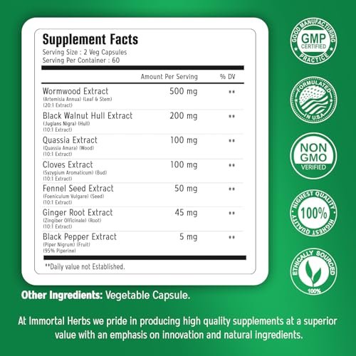 Immortal Herbs Wermut Schwarznuss Nelken Reinigung Extrakt, 7-in-1 Komplex, 120 Kapseln, Pflanzliches Nahrungsergänzungsmittel für Erwachsene, Vegan, Nicht-GVO & Glutenfrei Süßer Wermut Kapseln