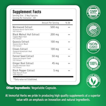 Immortal Herbs Wermut Schwarznuss Nelken Reinigung Extrakt, 7-in-1 Komplex, 120 Kapseln, Pflanzliches Nahrungsergänzungsmittel für Erwachsene, Vegan, Nicht-GVO & Glutenfrei Süßer Wermut Kapseln