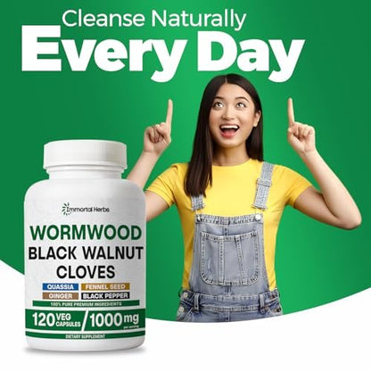 Immortal Herbs Wermut Schwarznuss Nelken Reinigung Extrakt, 7-in-1 Komplex, 120 Kapseln, Pflanzliches Nahrungsergänzungsmittel für Erwachsene, Vegan, Nicht-GVO & Glutenfrei Süßer Wermut Kapseln