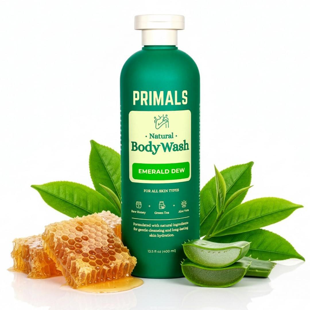 PRIMALS Natürliches Duschgel mit Aloe Vera, Rohhonig und Grüntee – Ohne künstliche Duftstoffe, Sulfate, Parabene oder Farbstoffe – 400 ml