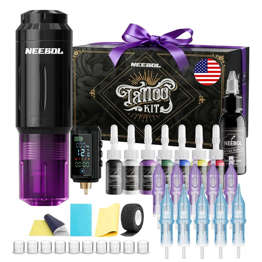 Neebol Tattoo Gun Kit für Anfänger – Kabellose Tattoo-Maschine mit 1600mAh Akku, Tattoo-Pen, 10 Patronennadeln, Tinte-Set in Schwarz & Farben, Komplettes Tattoo-Set