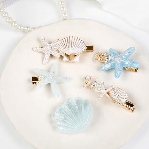 5-teiliges Muschel-Perlen-Seestern-Haarspangen-Set – Meerjungfrau-Haarklammern für Frauen, Prinzessin-Meerjungfrau-Accessoires für Halloween, Hochzeit, Geburtstag