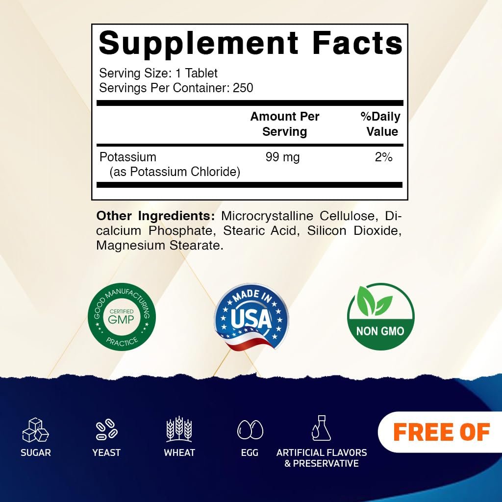Vitamatic Kalium 99mg – 250 Tabletten – Kaliumchlorid für Muskel-, Herz- und Nervenfunktion – Elektrolyt-Unterstützung – Non-GMO, glutenfrei