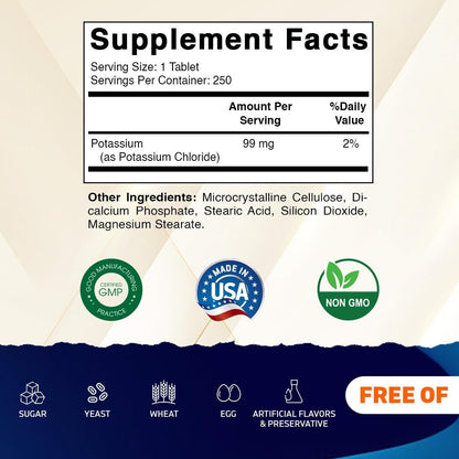 Vitamatic Kalium 99mg – 250 Tabletten – Kaliumchlorid für Muskel-, Herz- und Nervenfunktion – Elektrolyt-Unterstützung – Non-GMO, glutenfrei