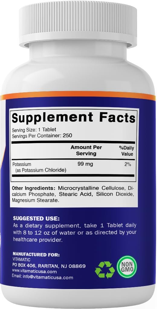 Vitamatic Kalium 99mg – 250 Tabletten – Kaliumchlorid für Muskel-, Herz- und Nervenfunktion – Elektrolyt-Unterstützung – Non-GMO, glutenfrei