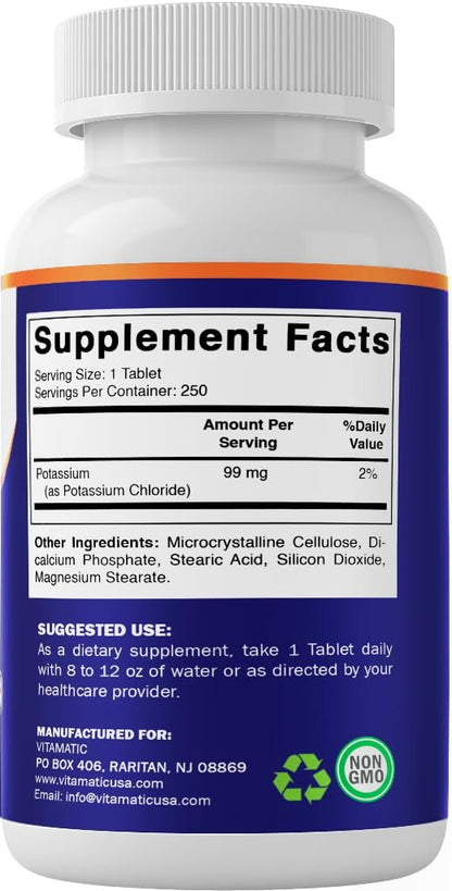 Vitamatic Kalium 99mg – 250 Tabletten – Kaliumchlorid für Muskel-, Herz- und Nervenfunktion – Elektrolyt-Unterstützung – Non-GMO, glutenfrei