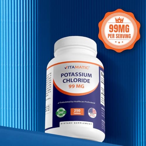 Vitamatic Kalium 99mg – 250 Tabletten – Kaliumchlorid für Muskel-, Herz- und Nervenfunktion – Elektrolyt-Unterstützung – Non-GMO, glutenfrei