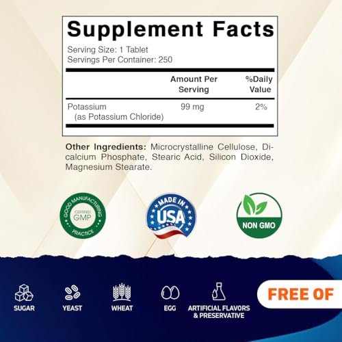 Vitamatic Kalium 99mg – 250 Tabletten – Kaliumchlorid für Muskel-, Herz- und Nervenfunktion – Elektrolyt-Unterstützung – Non-GMO, glutenfrei